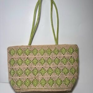 Sun n Sand Woven Straw Tote Bag Green Floral Crochet Beach Summer Handbag